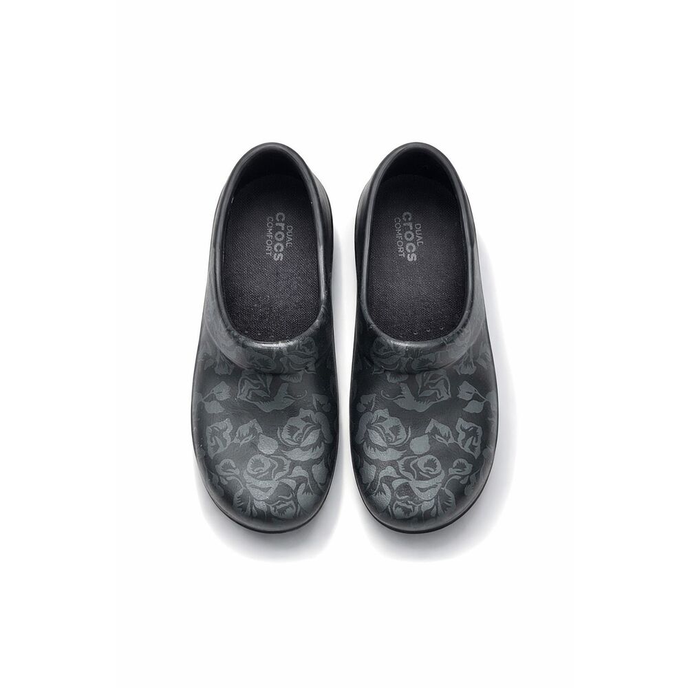 Crocs Work Clogs Floral Black Slip Resistant Nursing Kitchen Shoes Womens 5